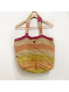 Roxy Tote Bag Striped Jute Burlap Boho Red Tan Orange Boho Beach Vacation